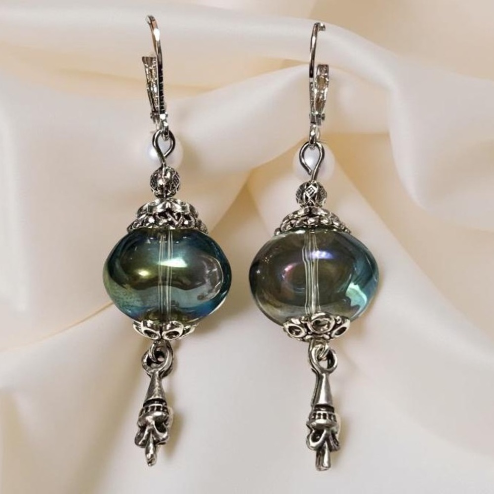 Iridescent Czech Glass Boho Earrings, Silver Dangle, MTO - Picture 7 of 11